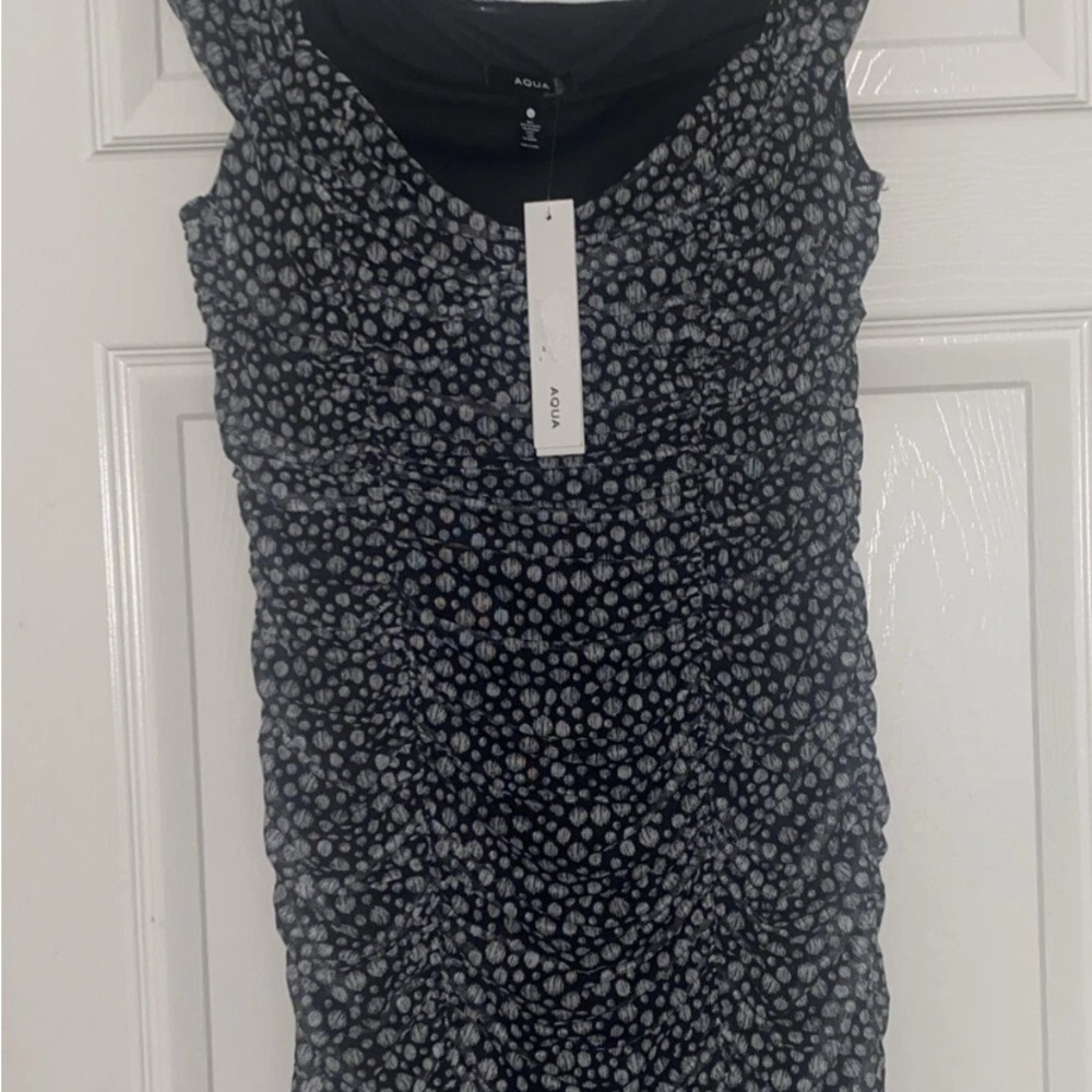 Bloomingdale's Aqua Black and White Polka Dot Dress NEW